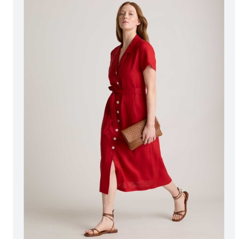 Quince Red Button-Front Linen Midi Dress with Tie Waist